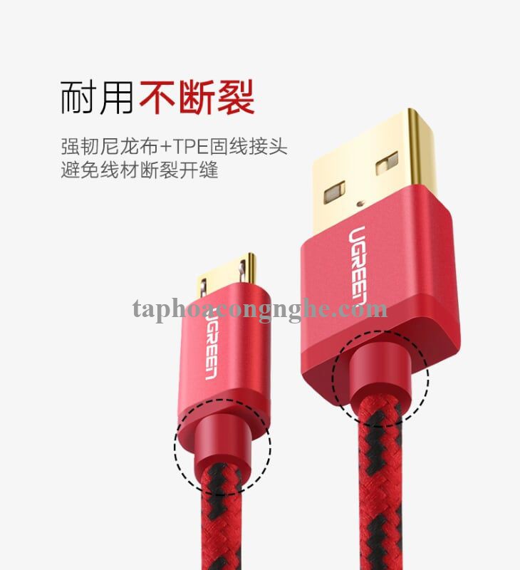Ugreen 40883 0.5M màu Xanh lá Cáp sạc truyền dữ liệu USB 2.0 sang MICRO USB dây bọc lưới US246 30040883